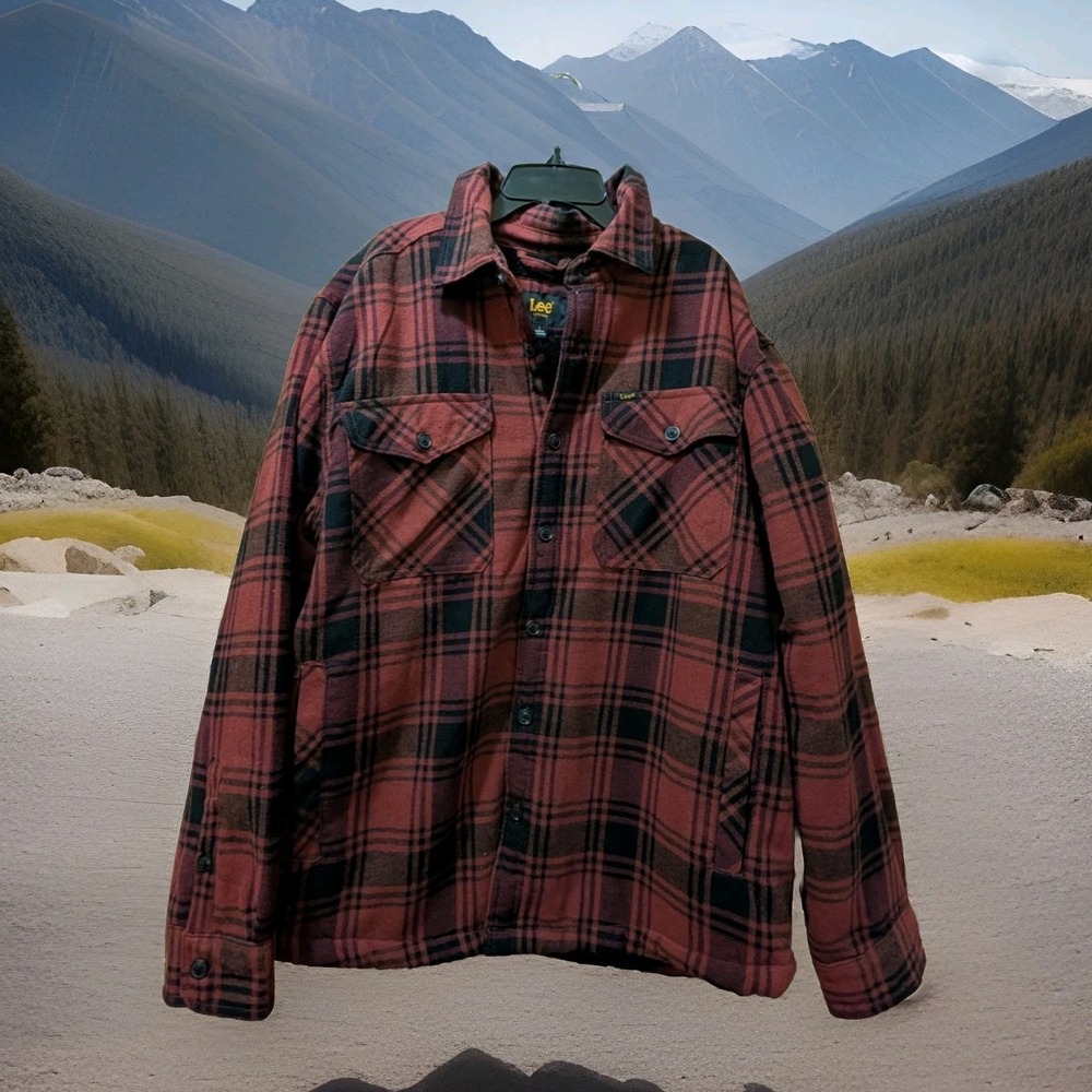 LEE Mens Sherpa Lined Maroon Red Plaid Flannel Shirt Jacket LM35JK452 L NEW